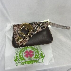 Charm and Luck Snakeskin and Brown and gold belt Clutch purse and dust bag